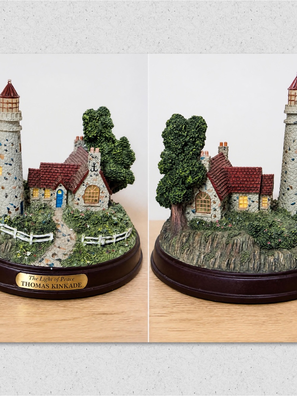 Thomas Kinkade Lighthouse Cottage Figurine - Red Roof, Green Foliage, Blue Door